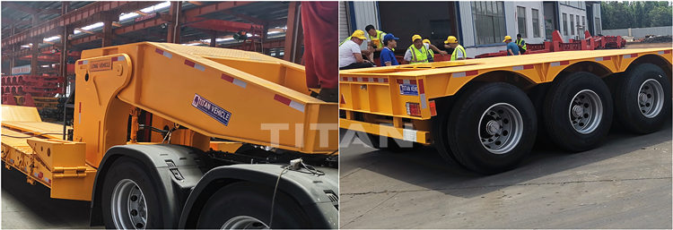 The detachable gooseneck trailer can use the lifting cylinder installed on the vehicle to support the front part of the semi trailer body on the ground. After the tractor is separated from the saddle of the semi trailer, the tractor is driven away from the semi trailer. When the tractor leaves, the front part of the semi trailer can be placed on the ground through the lifting cylinder, and the lifting cylinder can be continuously manipulated to convert the gooseneck platform into a semi trailer ladder, thereby solving the problem of the large rear part of the detachable gooseneck trailer.  3 Axle Detachable Gooseneck Trailer for Sale in Nigeria